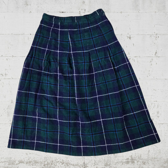 90s Vintage Green Blue Tartan Plaid Wool USA Made High Rise Midi Skirt Size 8 - Picture 1 of 6